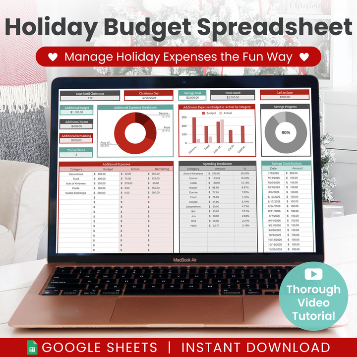 A laptop displays the Abby Organizes Holiday Budget Spreadsheet for Google Sheets, featuring vibrant charts and graphs to track holiday expenses; text above reads “Holiday Budget Spreadsheet for Google Sheets—Manage Holiday Expenses the Fun Way.” A banner says “Thorough Video Tutorial.”.