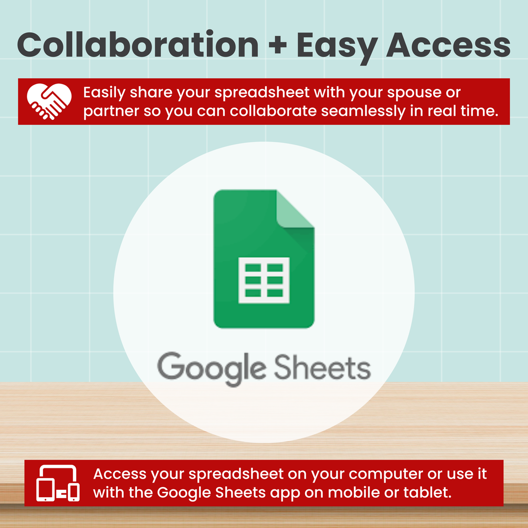 Abby Organizes’ Holiday Budget Spreadsheet for Google Sheets logo, with text emphasizing easy sharing and collaboration—accessible from both computer and mobile devices—makes it perfect for managing your holiday expenses. The background features a tiled wall and desktop surface.