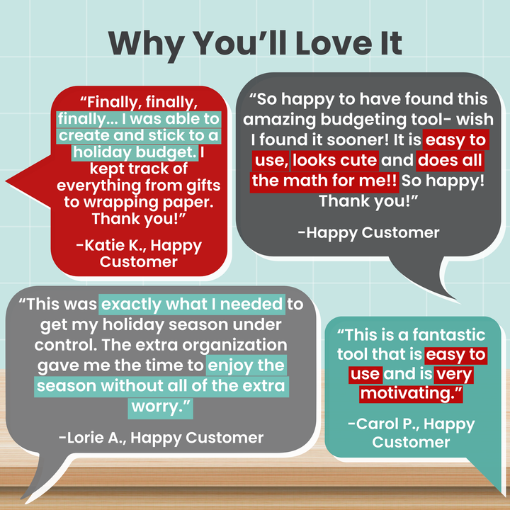 A graphic titled "Why You’ll Love It" features four colorful customer testimonials in speech bubbles, praising a holiday budgeting tool for being easy to use, motivating, and helpful for Christmas planning and staying organized.