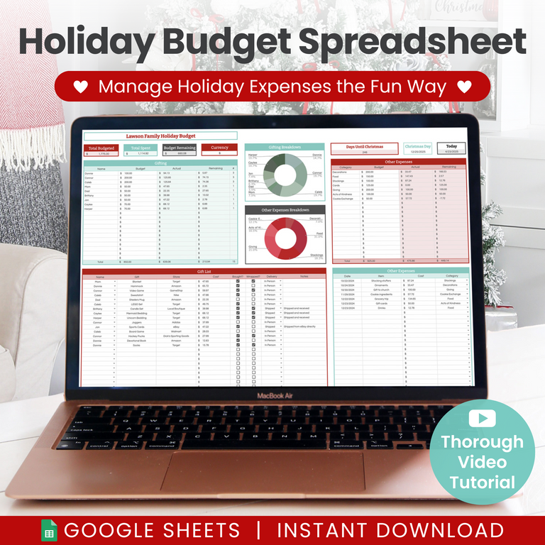 A laptop on a desk displays a colorful holiday budget spreadsheet. Text above reads 