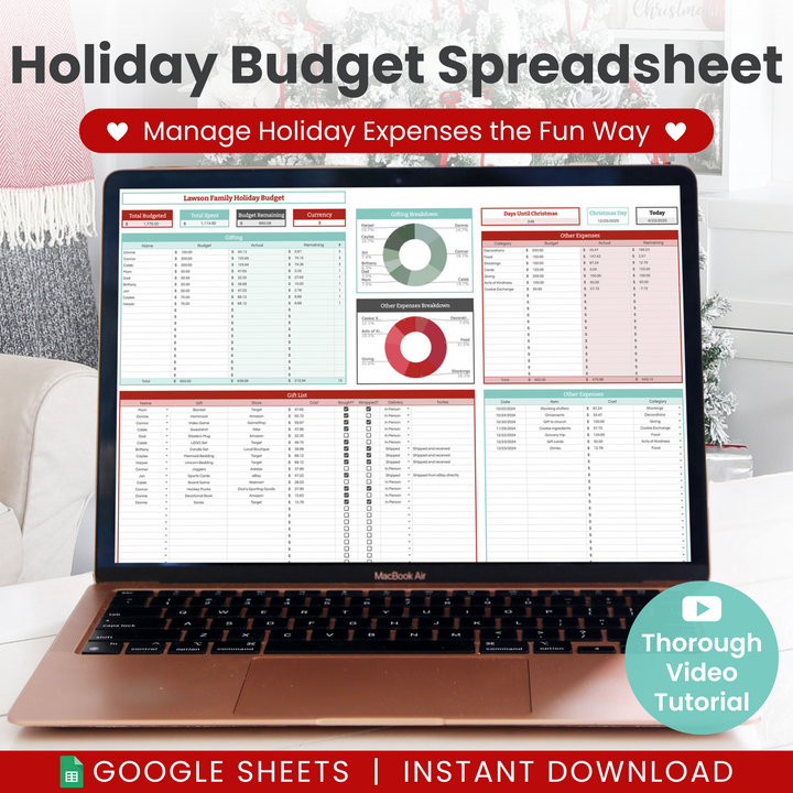 A laptop on a desk displays a colorful holiday budget spreadsheet. Text above reads "Holiday Budget Spreadsheet" and "Manage Holiday Expenses the Fun Way." A banner below mentions Google Sheets and an instant download.