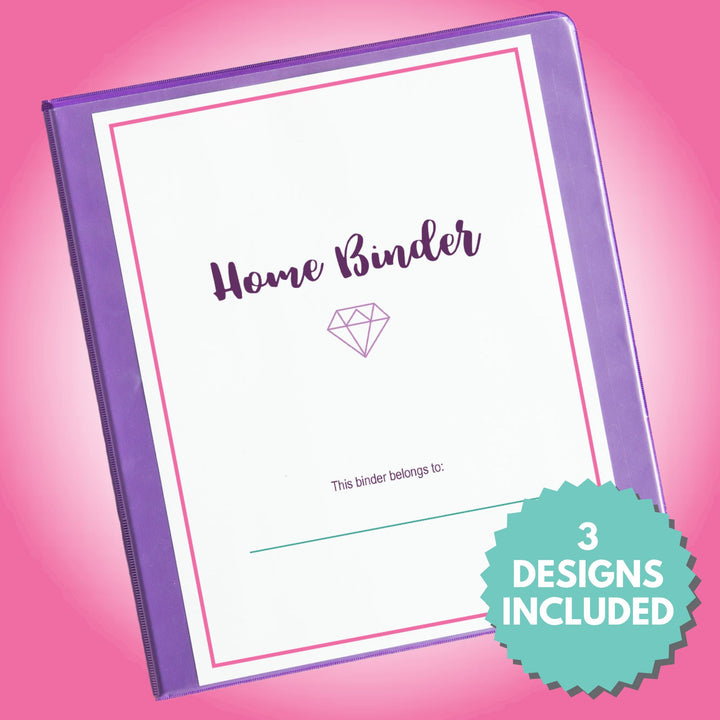 Home Binder Printables Cover on a Purple 3-Ring Binder, 3 Designs Included
