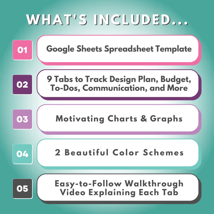 Introducing the Home Renovation Project Spreadsheet for Google Sheets by Abby Organizes. This comprehensive tool includes features such as: 1. A versatile Google Sheets organizing challenge template, 2. Nine tabs to track various aspects of your renovation progress, 3. Inspiring charts and graphs to visualize data, 4. Two distinct color schemes to customize your experience, and 5. An easy-to-follow walkthrough video designed to assist you in decluttering efficiently.