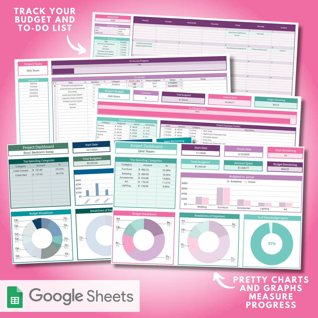 Explore the vibrant Home Renovation Project Spreadsheet for Google Sheets from Abby Organizes, crafted to streamline your digital workspace. This stylish template includes dedicated sections for budget tracking, organizing challenges, and dynamic project dashboards with charts and graphs, all set against a pink gradient backdrop—making organization effortlessly chic.