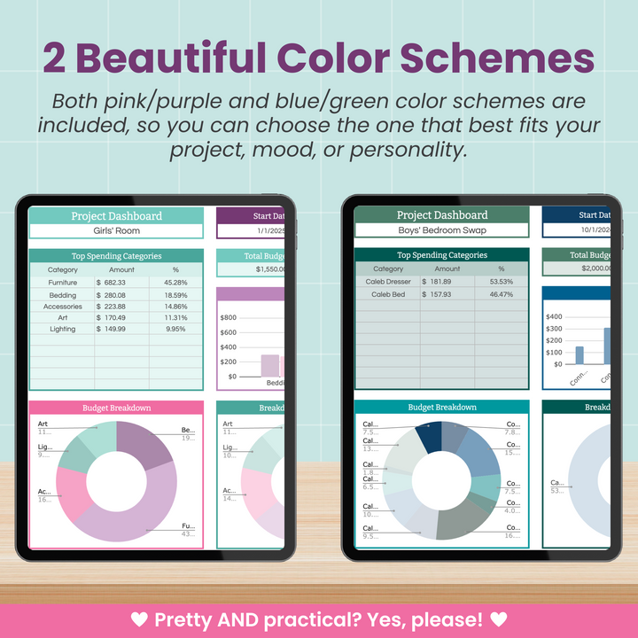 Two tablets display project dashboards with charts, graphs, and budgets. One uses a pink and purple color scheme; the other uses blue and green. The header reads, "2 Beautiful Color Schemes" on a pastel background.