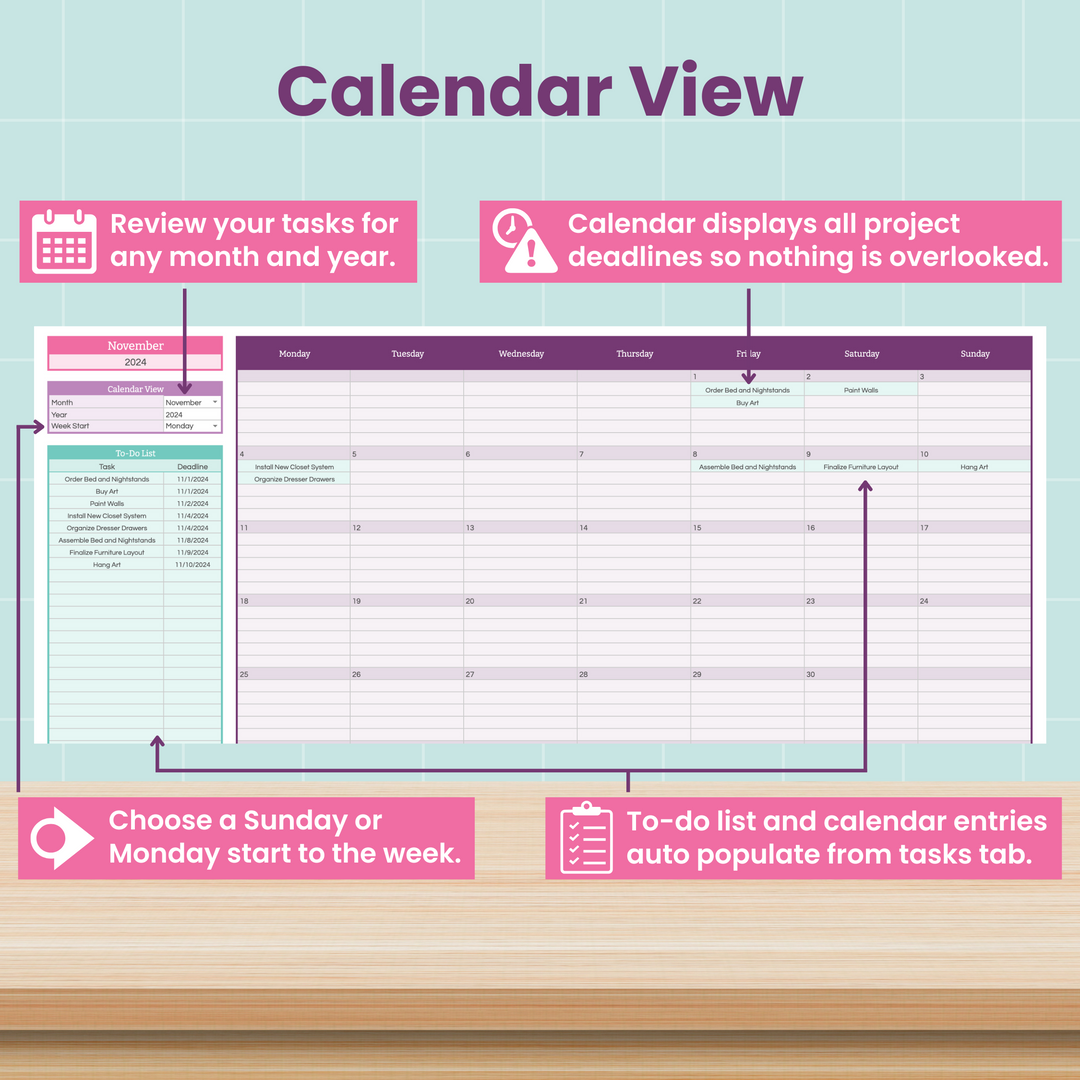 A digital calendar interface with explanations: view tasks by month/year, see project deadlines, choose week’s start day, and to-do list/calendar entries auto-populate from task tab. The background is mint green with wooden surface foreground.