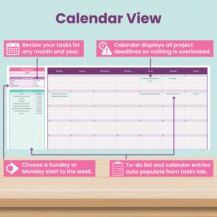 A digital calendar interface with explanations: view tasks by month/year, see project deadlines, choose week’s start day, and to-do list/calendar entries auto-populate from task tab. The background is mint green with wooden surface foreground.