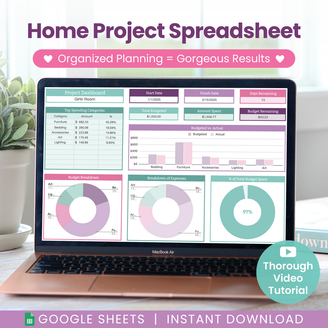 A laptop displays Abby Organizes' Home Renovation Project Spreadsheet for Google Sheets, featuring colorful charts and graphs to simplify budgeting. Text promotes an in-depth video tutorial and instant download for easy project organization.