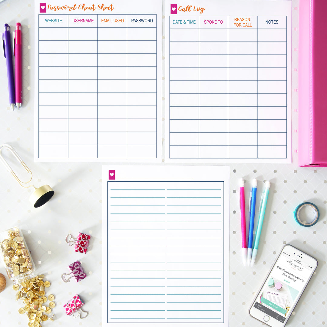 Password Cheat Sheet, Call Log, and List Printable, Part of the Printable Home Binder