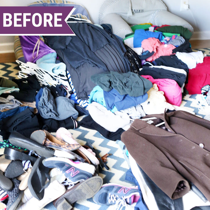 Messy piles of clothes before photo