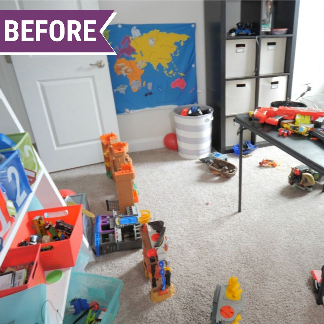 Messy playroom before photo