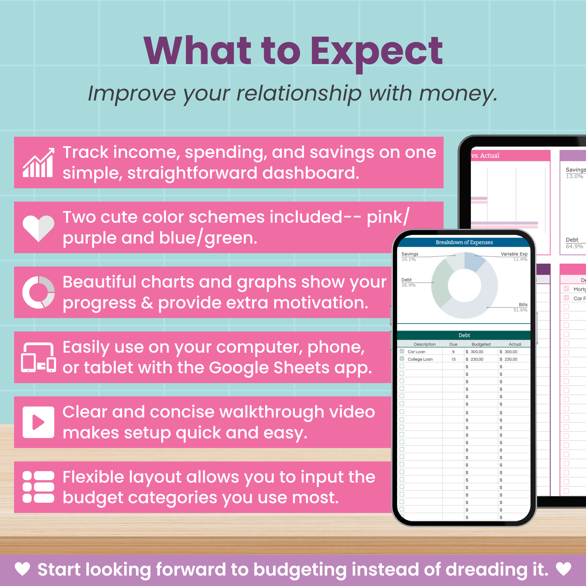 A promo graphic for Abby Organizes' Monthly Budget Spreadsheet, featuring income tracking, colorful dashboards, motivational charts, Google Sheets access, flexible layouts, clear instructions, 2 color schemes—shown on tablet and phone mockups.
