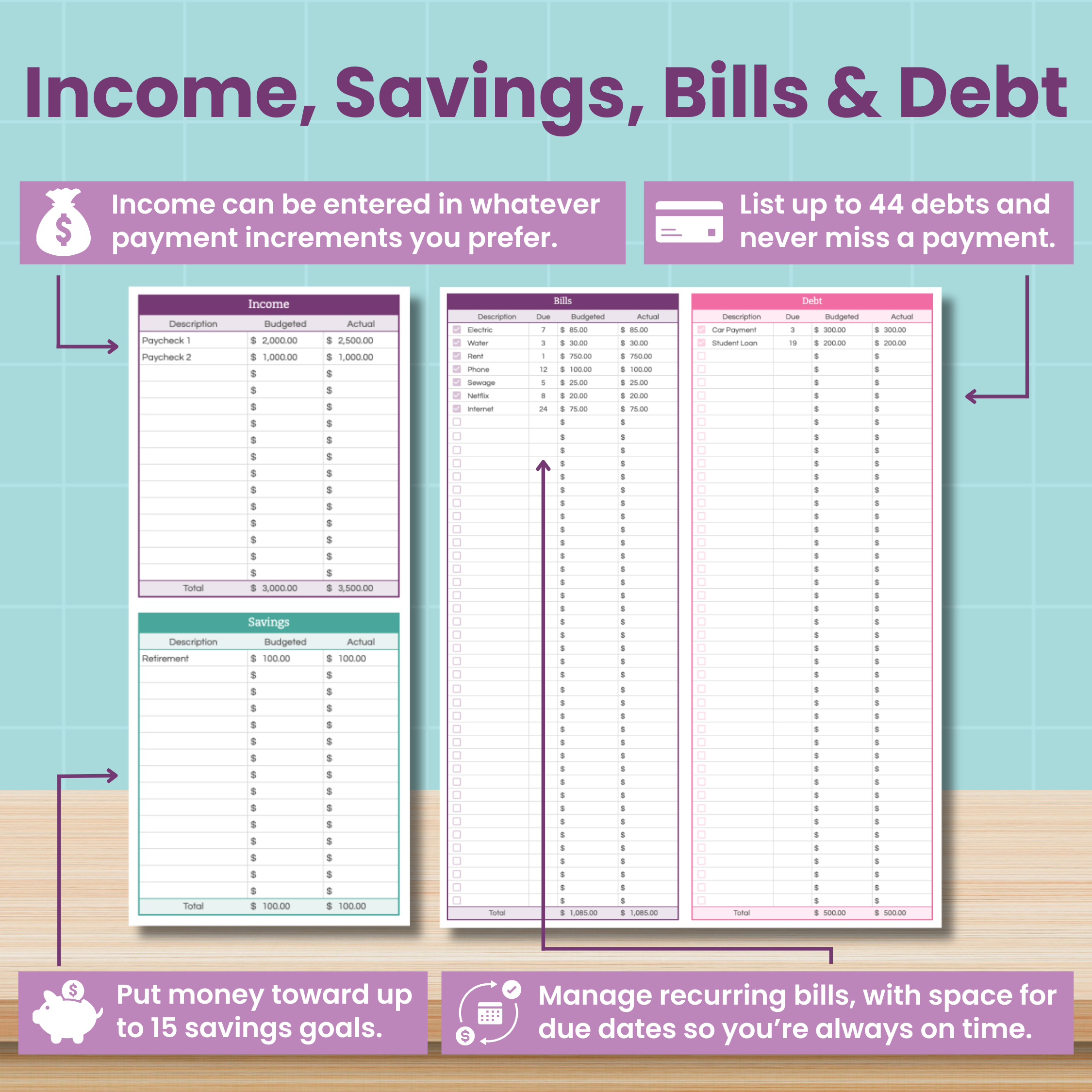 The Abby Organizes Monthly Budget Spreadsheet in Google Sheets lets you track income, manage up to 44 debts, set 15 savings goals, and get monthly bill reminders—an all-in-one financial overview.