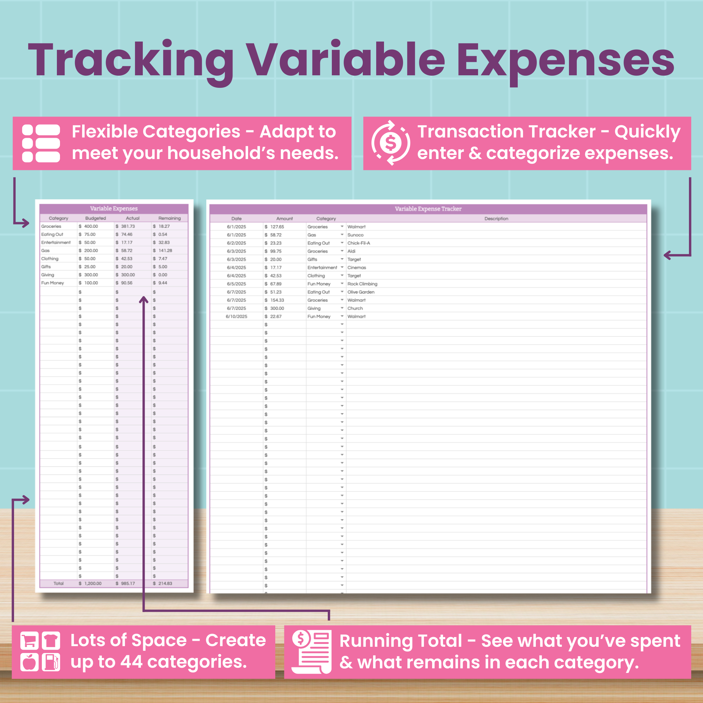 Image of the Abby Organizes Monthly Budget Spreadsheet, a purple-themed template on teal, perfect for tracking variable expenses monthly with up to 44 customizable categories, a transaction tracker, and running total feature.