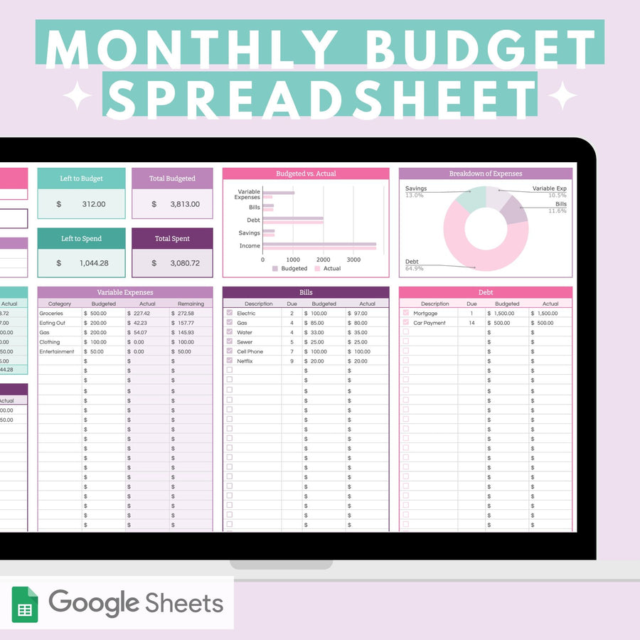 A computer screen displays the Abby Organizes "Monthly Budget Spreadsheet for Google Sheets," offering a detailed financial overview. It includes sections for income, expenses, bills, and debt, with a pie chart showing expense breakdowns and the Google Sheets logo at the bottom.