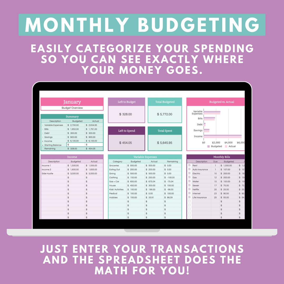 12 Monthly Budgeting tabs help you easily categorize your spending and does the math for you so you always know where your money is going!