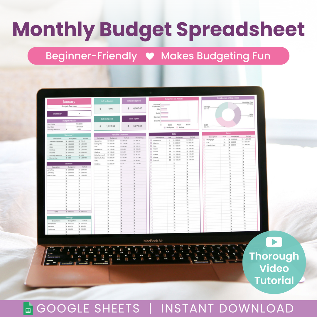 A MacBook Air displays a colorful monthly budget spreadsheet. Text above reads, “Monthly Budget Spreadsheet—Beginner-Friendly, Makes Budgeting Fun.” Bottom text: “Google Sheets | Instant Download” and “Thorough Video Tutorial.”.