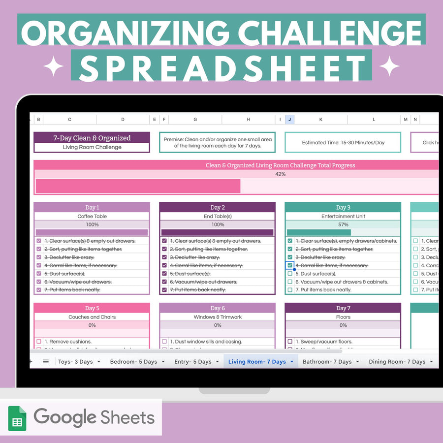 Organizing Challenge Spreadsheet with 15 organizing challenges to make every room in your house neat and tidy in as little as 5 minutes per day.