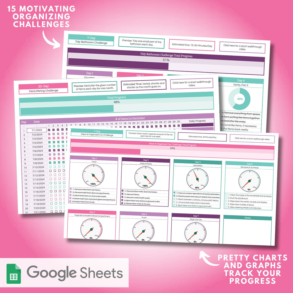 Organize your house little by little with 15 motivating organizing challenges. Pretty charts and graphs track your progress and help you push through until your organizing projects are complete.