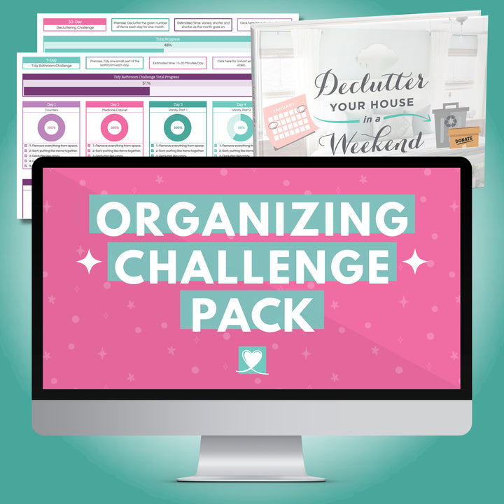 A computer screen displays "The Organizing Challenge Pack" by Abby Organizes in bold, with charts and a "Declutter Your House in a Weekend" book cover featuring checklists, folders, and an Organizing Challenge Spreadsheet to boost your organizing efforts.