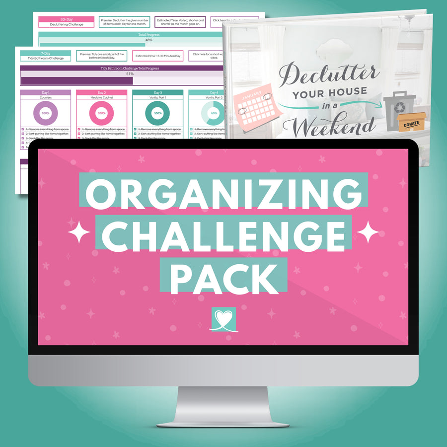 A computer screen displays "The Organizing Challenge Pack" by Abby Organizes in bold, with charts and a "Declutter Your House in a Weekend" book cover featuring checklists, folders, and an Organizing Challenge Spreadsheet to boost your organizing efforts.