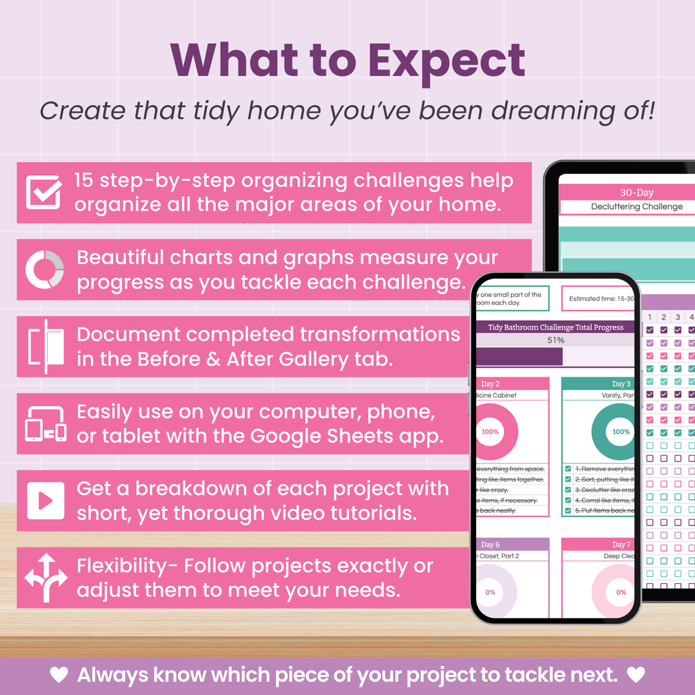 An infographic titled "What to Expect" explains features of an organizing program, including step-by-step challenges, progress charts, a gallery, a Google Sheets app, video tutorials, and project flexibility. Phone and tablet screens are shown.