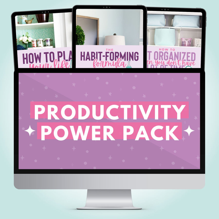 A computer monitor displays "Productivity Power Pack Bundle" in bold pink and white text, with three overlapping screens above featuring Abby Organizes' guides on planning, habit-forming formulas, and mindset shifts for productivity.