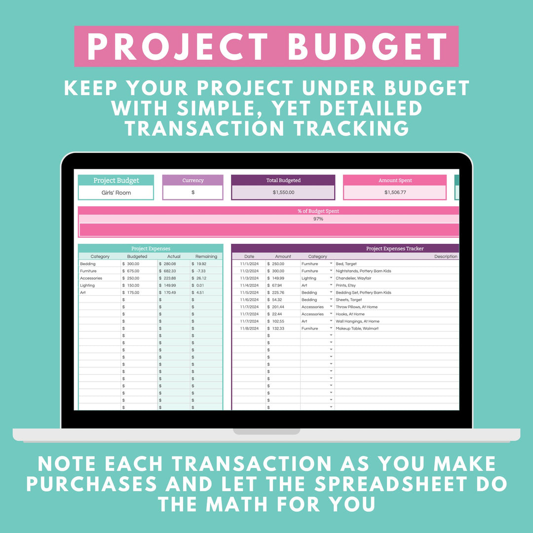 The Home Renovation Project Spreadsheet for Google Sheets by Abby Organizes offers an Organizing Challenge Spreadsheet featuring sections for categories, expenses, and totals. The header reads, "Project Budget: Declutter your finances and keep your project under budget with simple, yet detailed transaction tracking," set against a teal background.