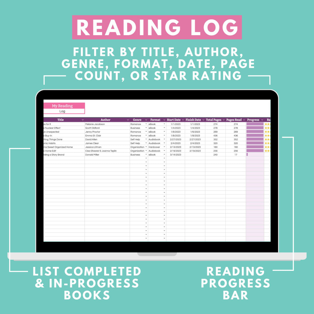 Reading Tracker Spreadsheet for Google Sheets, Create a reading log, track your TBR list, and see an overview of the books you've read at a glance with a beautiful and insightful dashboard. Track title, author, book genre, start date, finish date, pages read, reading progress, and star rating.