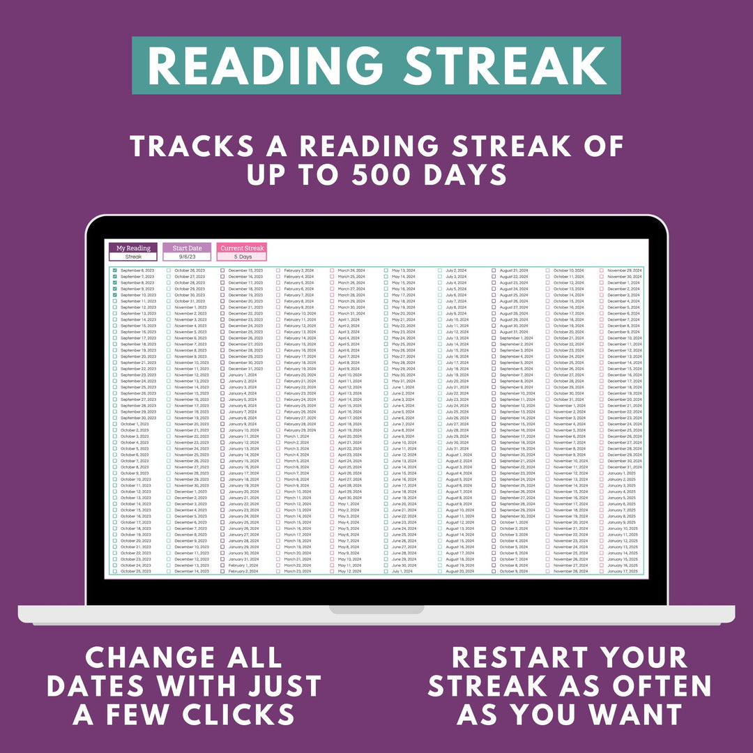 Reading Tracker Spreadsheet for Google Sheets, Create a reading log, track your TBR list, and see an overview of the books you've read at a glance with a beautiful and insightful dashboard. Measure your reading streak-- the number of days you've read in a row-- for up to 500 days!