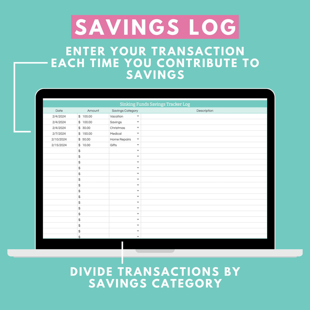 Savings Tracker Spreadsheet / Sinking Funds Spreadsheet for Google Sheets. Includes an Interactive Dashboard to Track Up to 20 Sinking Funds. Log new contributions to your money savings accounts / sinking funds in just a few seconds. Choose the category for each savings transaction, and the spreadsheet automatically keeps a running savings total for you.