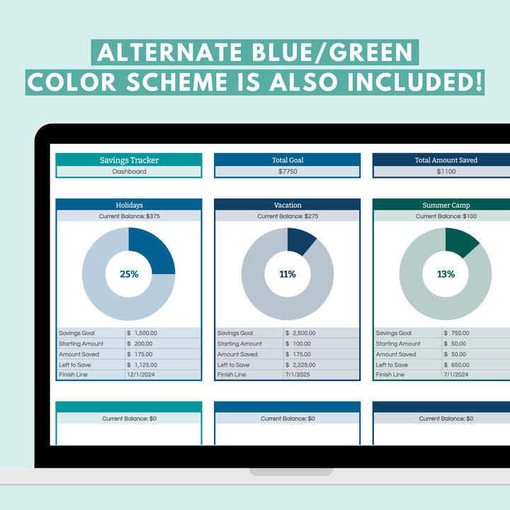 Alternate Blue/Green Color Scheme for Savings Tracker Spreadsheet / Sinking Funds Spreadsheet for Google Sheets. Includes an Interactive Dashboard to Track Up to 20 Sinking Funds. Watch your savings add up and enjoy stress-free vacations, holidays, home renovations, and more because you're not worried about money!