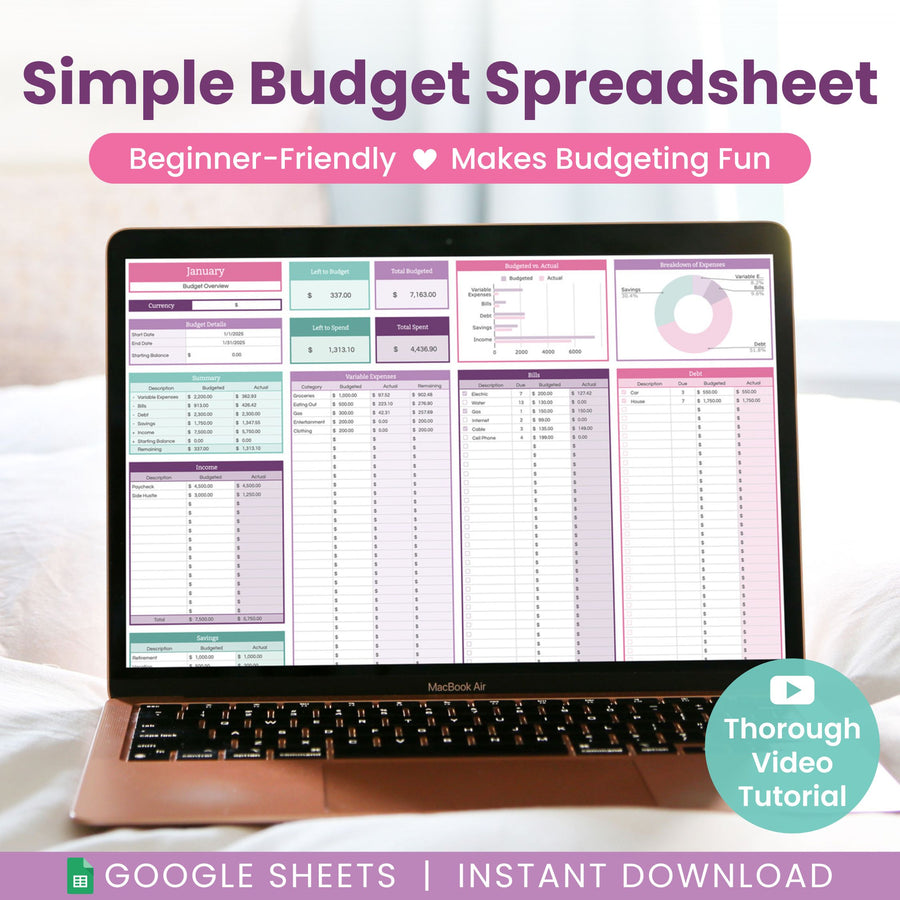 A pastel-themed Monthly Budget Spreadsheet for Google Sheets by Abby Organizes appears on a laptop. Text says: "Beginner-Friendly," "Fun Budgeting," "Video Tutorial Included," and "Instant Download.