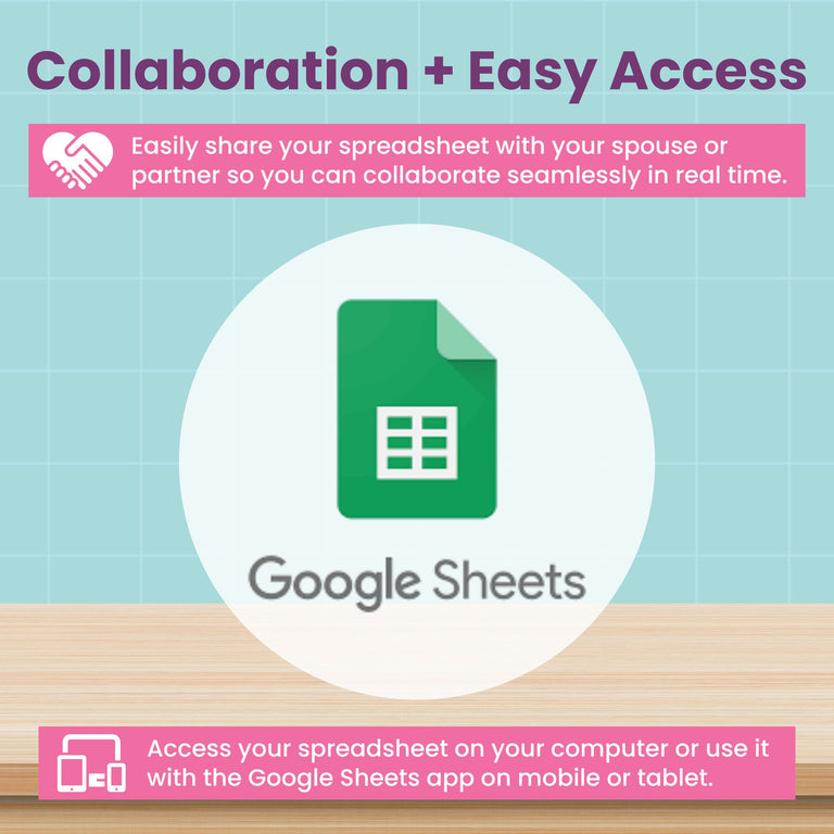 Graphic shows collaboration and easy access in Abby Organizes’ Monthly Budget Spreadsheet for Google Sheets, with the logo. Text boxes explain how to share your budget with others and use the planner on any device, computer, or mobile app.