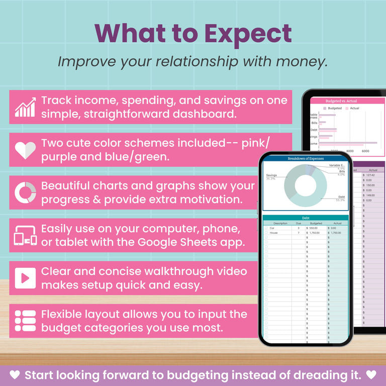 Abby Organizes’ Monthly Budget Spreadsheet for Google Sheets lets you track income, expenses, and savings with charts in pink or purple. Use on computer, phone, or tablet; includes an easy walkthrough to help you stay on budget.