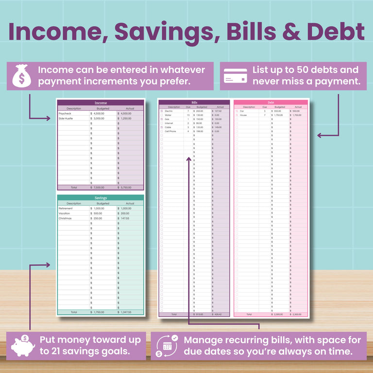 The Abby Organizes Monthly Budget Spreadsheet for Google Sheets includes 3 planner pages to track income, savings, bills, and debt. Features customizable payment increments, up to 50 debts, 21 savings goals, and recurring bill management.