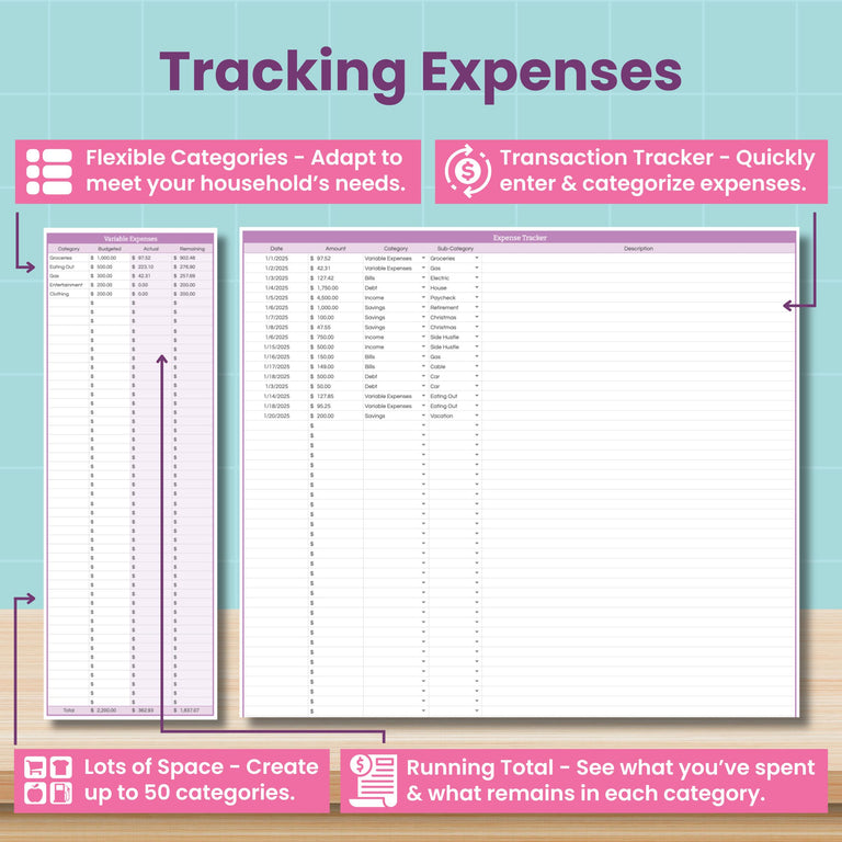 The Monthly Budget Spreadsheet for Google Sheets by Abby Organizes features customizable categories, transaction tracking, and sections for dates, amounts, and descriptions—perfect as a digital budget planner and expense tracker.