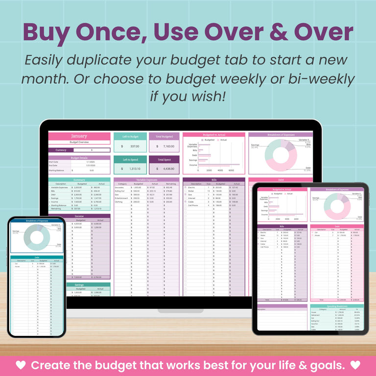 The Abby Organizes Monthly Budget Spreadsheet for Google Sheets is shown on a laptop, tablet, and phone with a teal tiled background. The tool can be duplicated for monthly, weekly, or bi-weekly budgets.