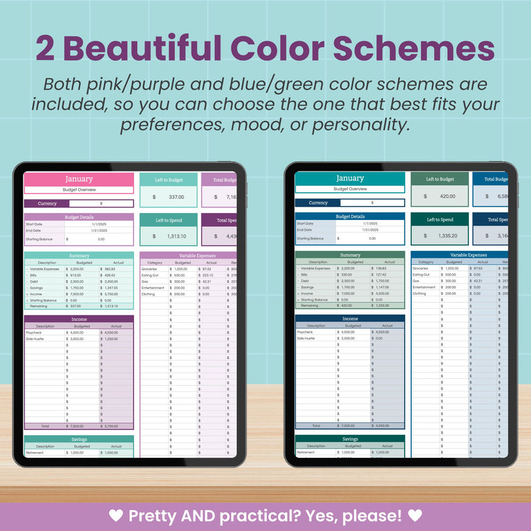 Two tablets show the Abby Organizes Monthly Budget Spreadsheet for Google Sheets—one in pink/purple, one in blue/green—with 