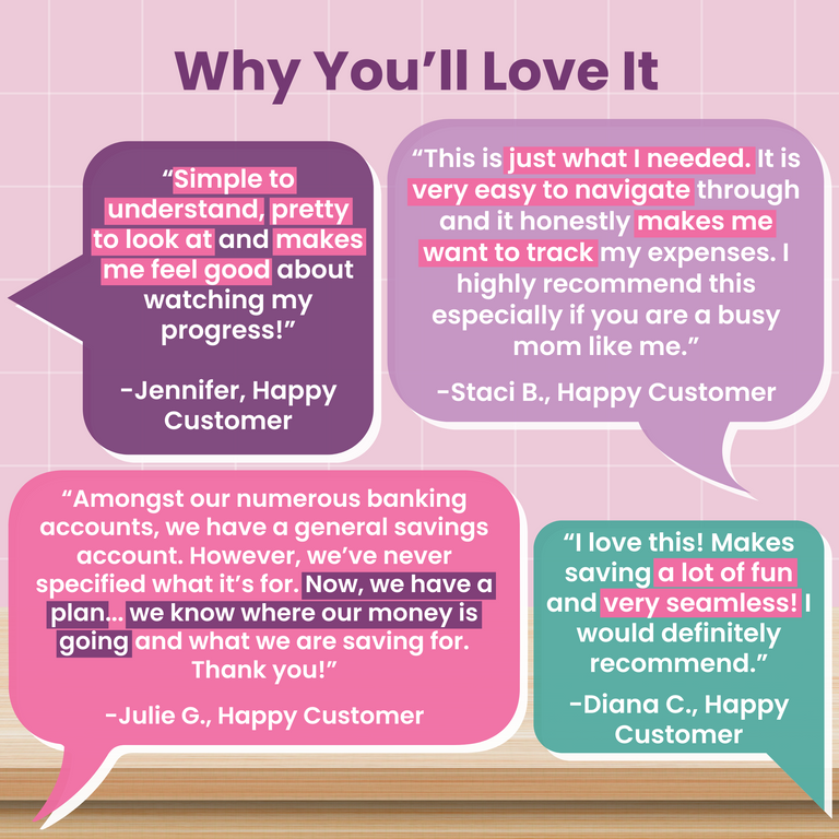 A graphic titled “Why You’ll Love It” features four colorful speech bubbles with positive customer testimonials about the Sinking Funds / Savings Tracker Spreadsheet tool. Each bubble highlights praise for simplicity, usefulness, transparency, and fun savings.