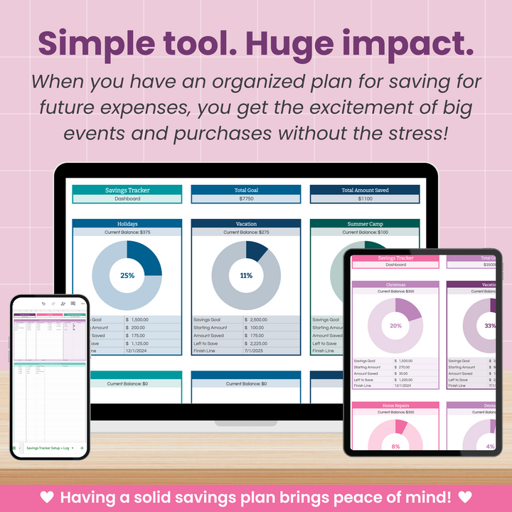 A promotional graphic showing a savings tracker spreadsheet on a computer, tablet, and phone. Text above reads, "Simple tool. Huge impact," with a message about organized savings reducing stress. Pink heart icons are at the bottom.