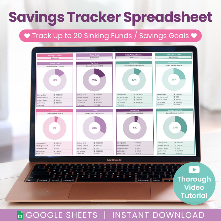 A laptop displaying a colorful savings tracker spreadsheet with circular progress charts. Text highlights tracking up to 20 savings goals, a thorough video tutorial, and availability on Google Sheets for instant download.