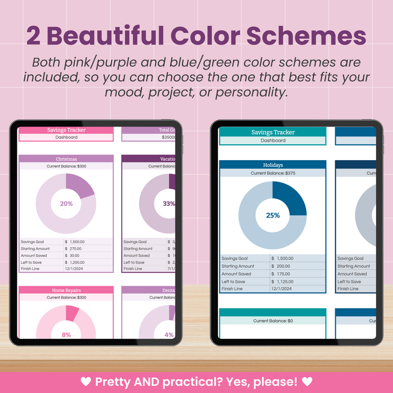 Two tablets display digital savings trackers in different color schemes: one in pink and purple tones, the other in blue and green. Text above highlights the two color scheme options available for tracking savings goals.