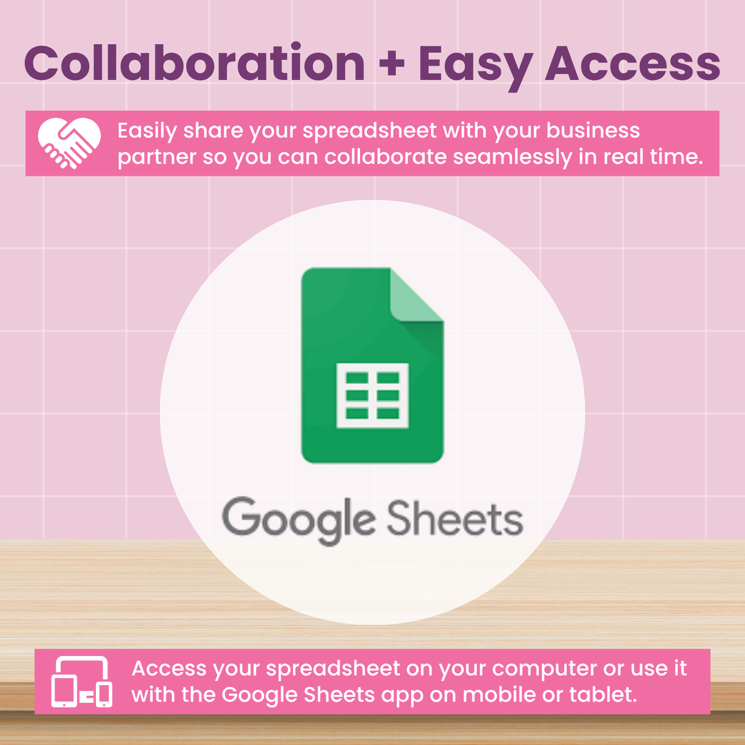Centered is the Google Sheets logo, surrounded by text boxes emphasizing collaboration and easy access—highlighting features like real-time sharing and seamless use on both computer and mobile devices. Designed by Abby Organizes, the Small Business Bookkeeping Spreadsheet streamlines income and expense tracking to help small businesses manage their finances efficiently. The image is set against a pink background with icons representing sharing capabilities and device access.