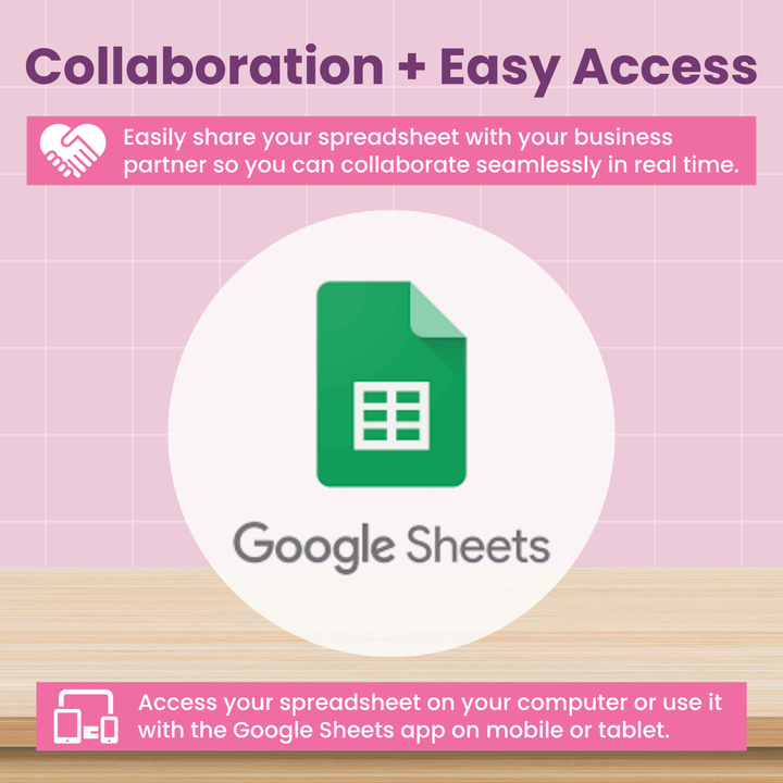 Centered is the Google Sheets logo, surrounded by text boxes emphasizing collaboration and easy access—highlighting features like real-time sharing and seamless use on both computer and mobile devices. Designed by Abby Organizes, the Small Business Bookkeeping Spreadsheet streamlines income and expense tracking to help small businesses manage their finances efficiently. The image is set against a pink background with icons representing sharing capabilities and device access.