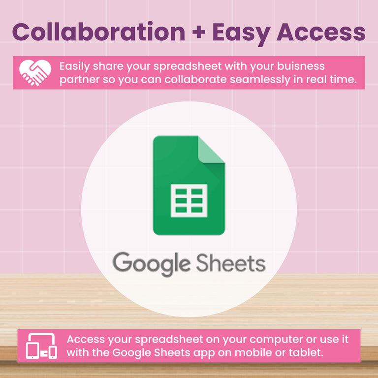 Infographic featuring the Abby Organizes Small Business Bookkeeping Spreadsheet for Google Sheets, with the logo centered on a pink grid. Highlights include easy sharing, real-time collaboration, and access on any device.