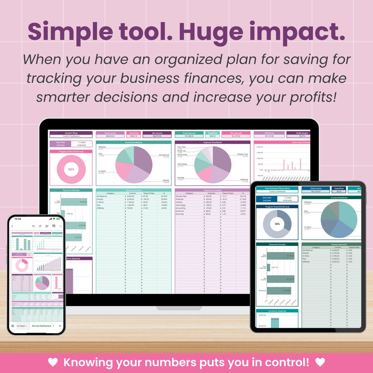 A computer monitor, tablet, and smartphone show financial charts for small business bookkeeping. Text: 