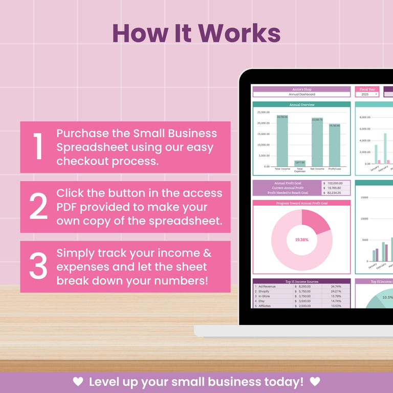 A step-by-step guide beside a laptop with charts shows how to use the Abby Organizes Small Business Bookkeeping Spreadsheet for Google Sheets, set on a purple background, with text encouraging you to level up your small business.