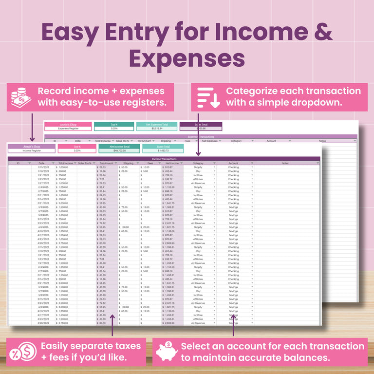 Abby Organizes' Small Business Bookkeeping Spreadsheet for Google Sheets shows income and expense registers with easy entry, dropdowns, tax separation, and balance tracking—perfect for small business bookkeeping.