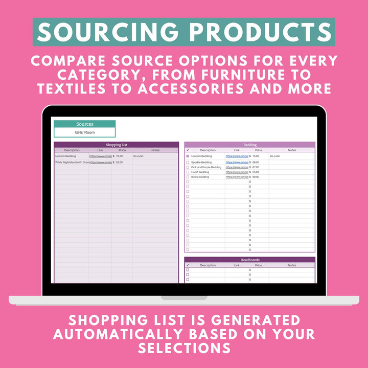 A laptop screen displays the "Home Renovation Project Spreadsheet for Google Sheets" by Abby Organizes, featuring categories such as furniture and textiles. The text above reads: "Sourcing Products: Compare source options...". Beneath it, the message says: "Shopping list is generated automatically...". The vibrant pink background enhances the creative appeal.